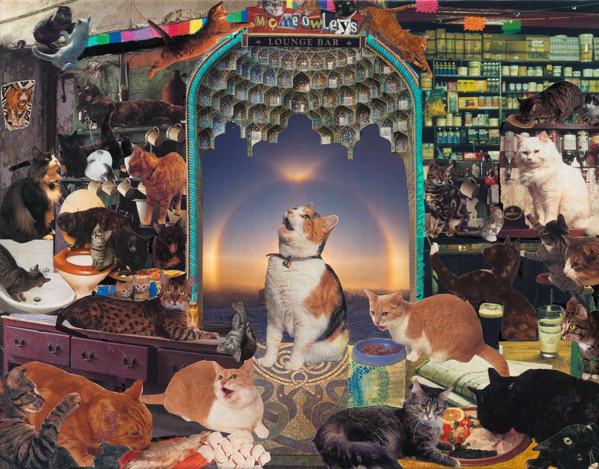 Surreal collage of a cat lounge bar with ornate arched doorway showing a sunset, surrounded by various cats in a bar setting with shelves of bottles.