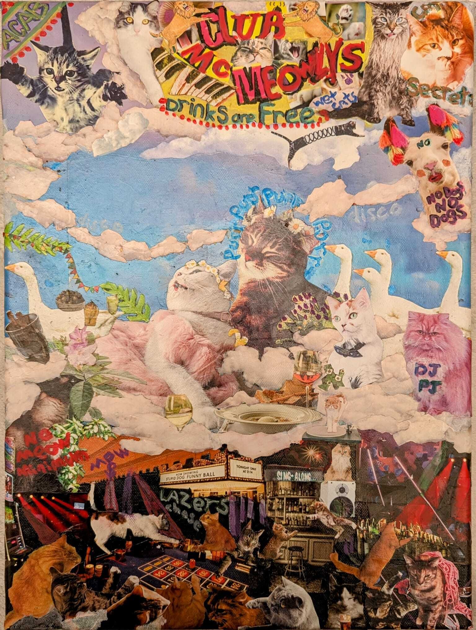 Vibrant collage depicting a cat nightclub in the clouds with 'Club Mc Meowly's' text, featuring DJ cats, dancing cats, and geese against a blue sky background.