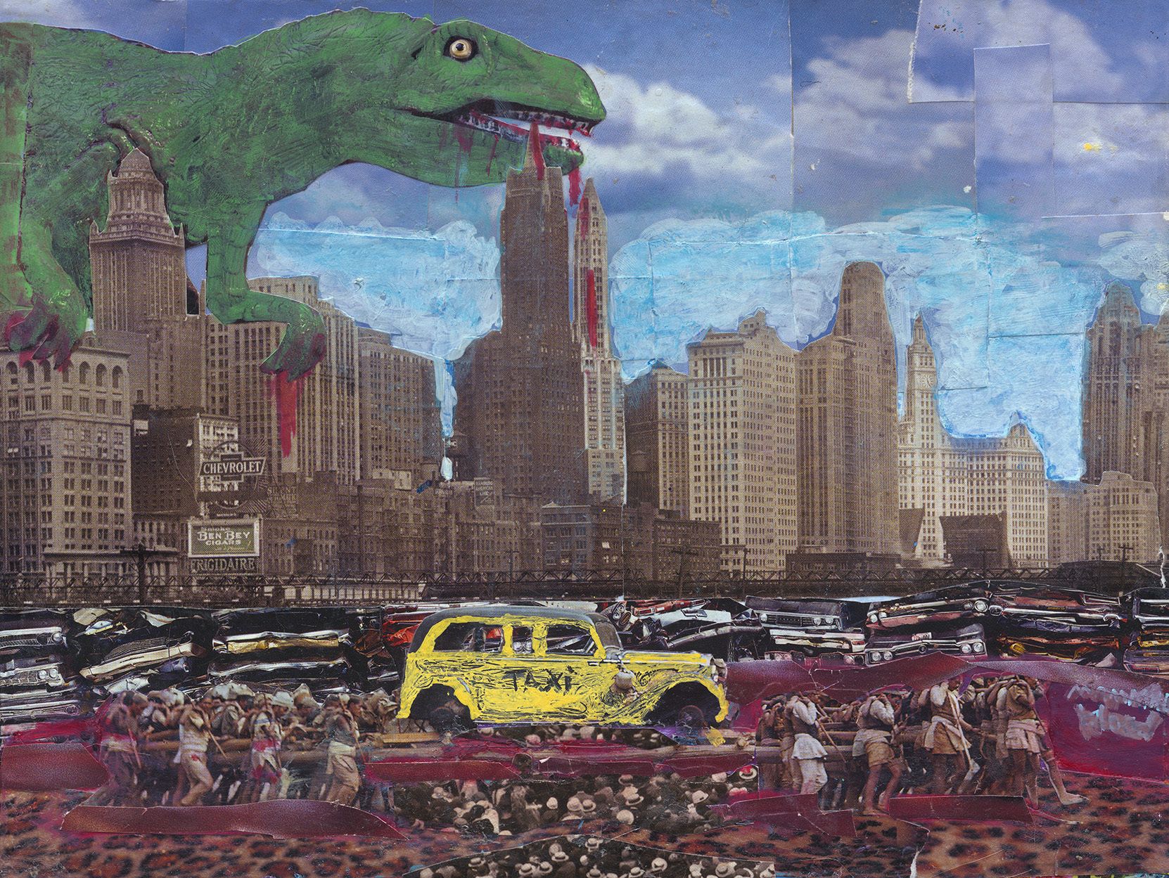 A large green dinosaur looming over a vintage city skyline, with a yellow taxi cab and crowds of people in the foreground collage.