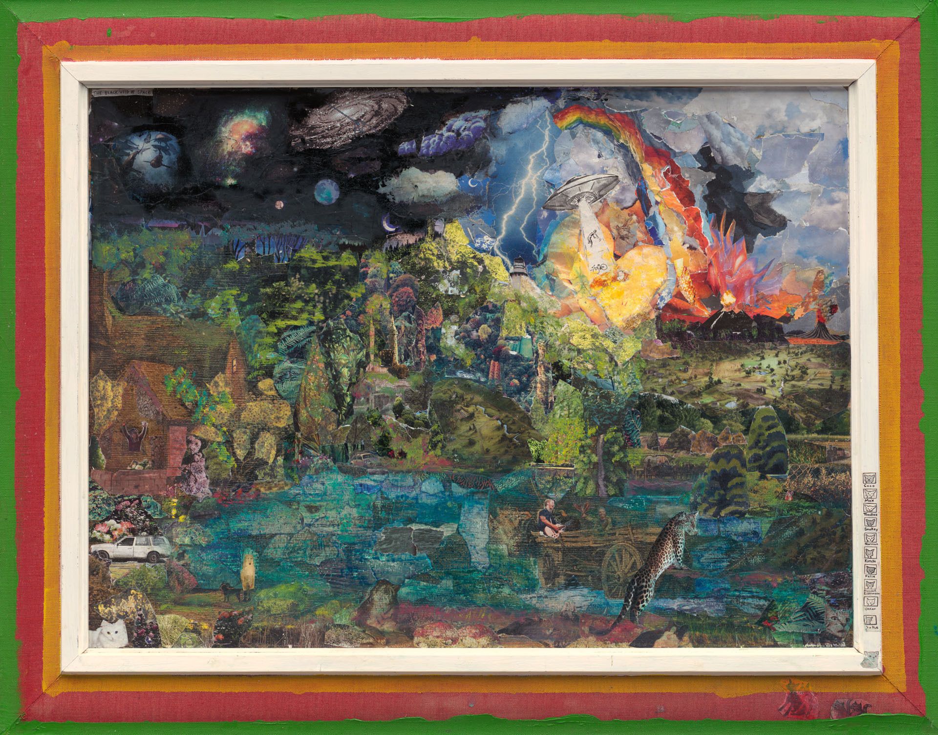 Complex mixed media landscape collage with a red bordered frame, featuring dark stormy skies, a rainbow, a UFO, lush green forests, and various hidden figures including a leopard.