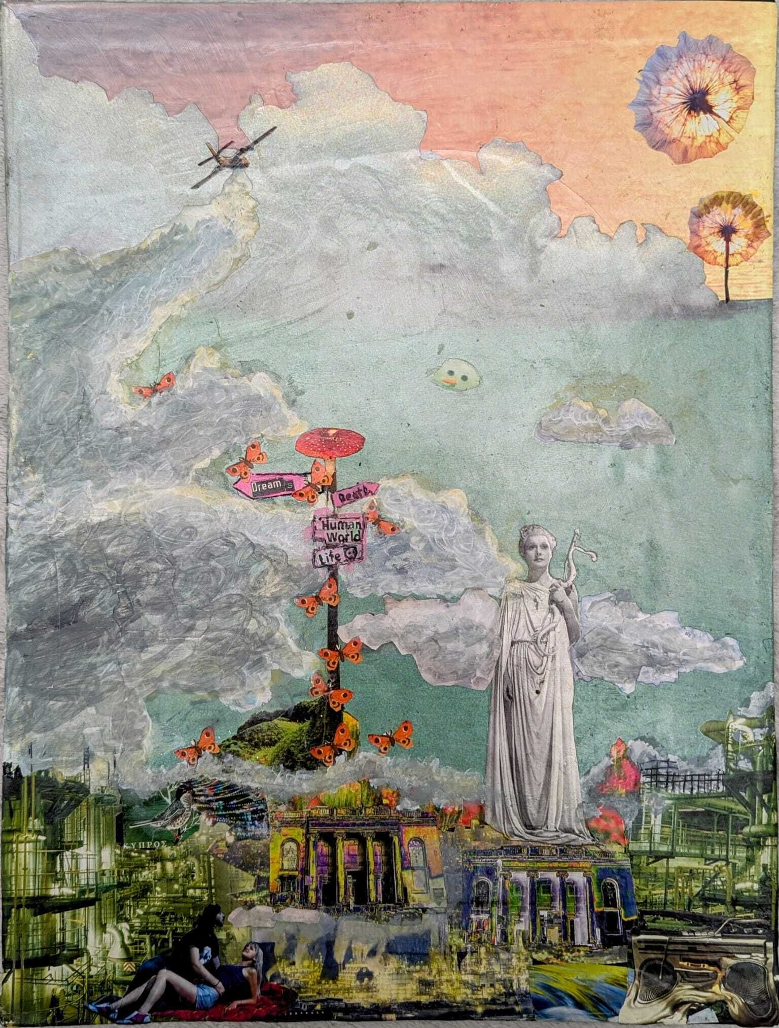 Surreal pastel collage with a signpost reading 'Dream', 'Death', 'Human World', 'Life', a classical statue, and butterflies against a cloudy sky.