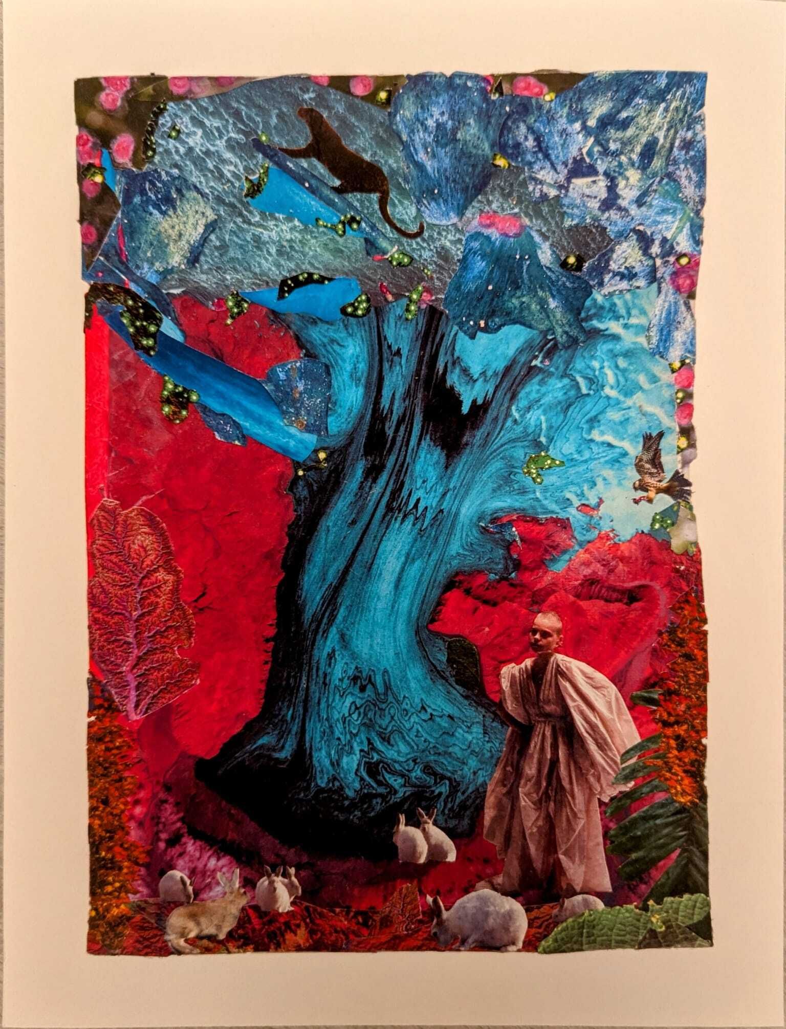 A large blue tree trunk with rabbit figures at the base and a figure in a robe, set against a red and textured background.