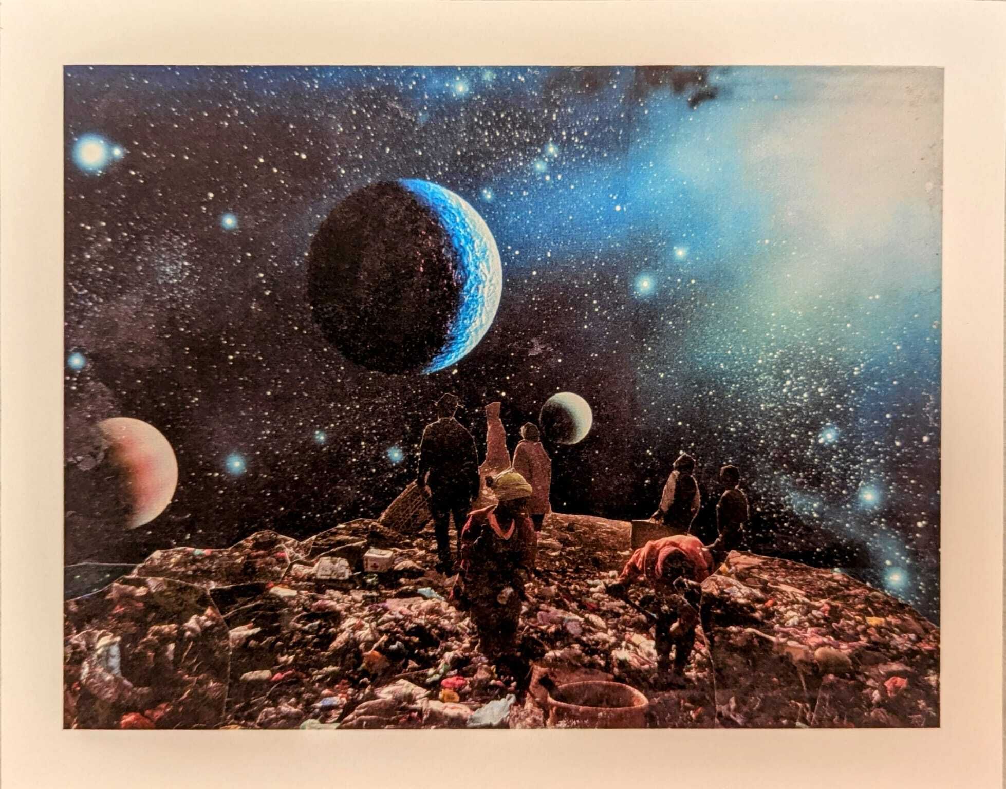 Cosmic collage showing a dark planet and stars with a group of people standing on a rocky, trash-filled surface looking out into space.