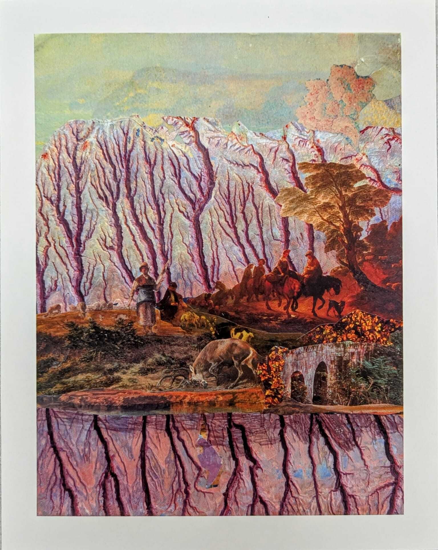 Mixed media landscape with people riding horses through a forest of purple and white trees, with a water reflection effect at the bottom.
