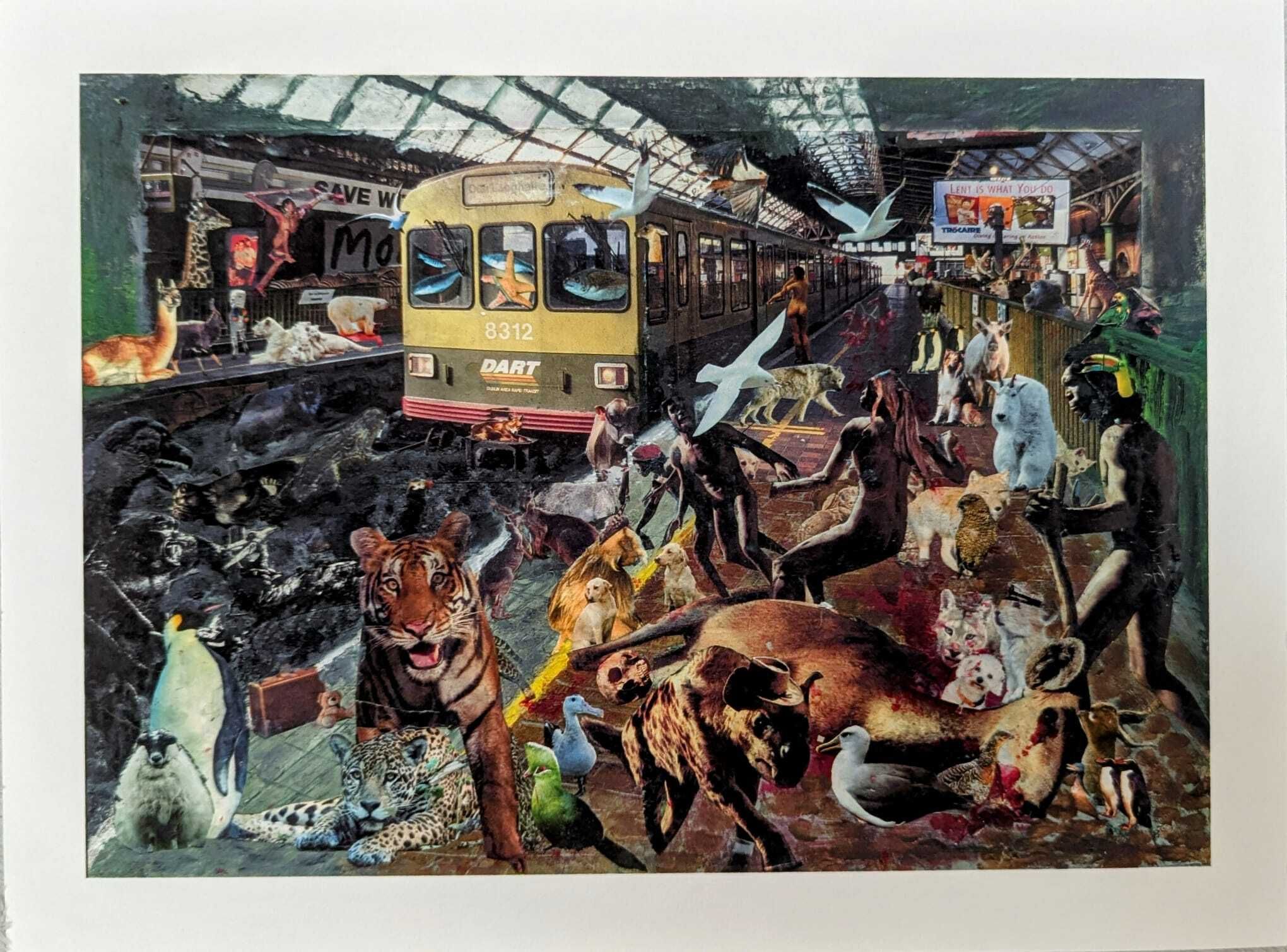 Surreal scene inside a train station filled with wild animals including a tiger, penguin, and naked human figures in a chaotic composition.