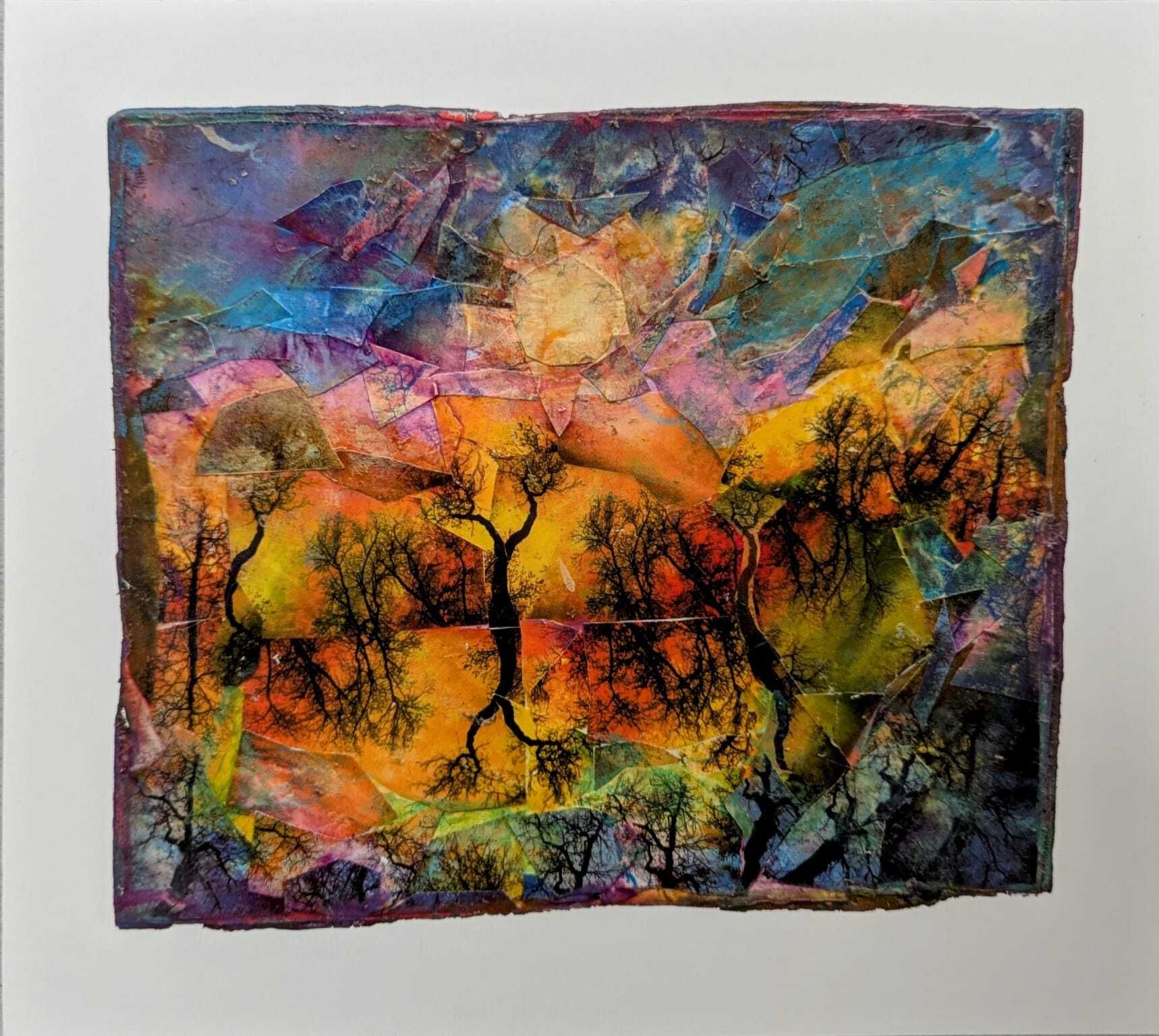 Colorful abstract landscape with a central sun, silhouetted trees with reflections in orange water, and textured paper layers.