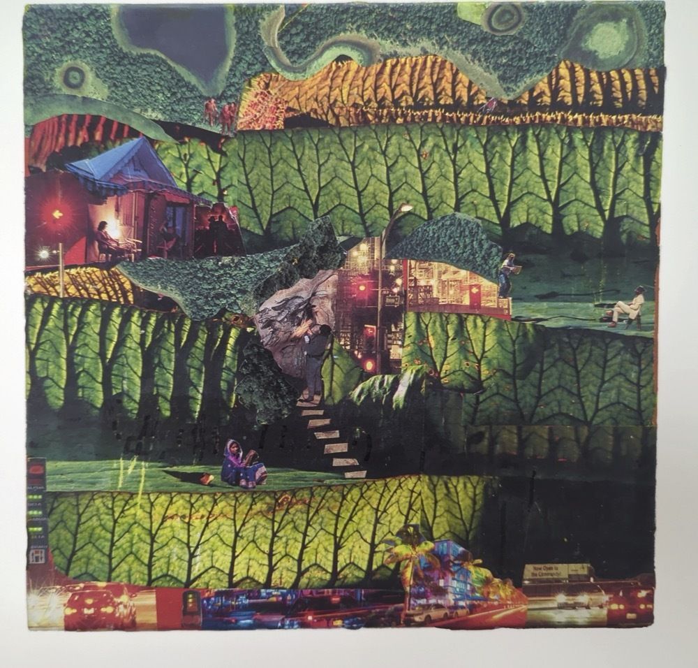 Abstract mixed media collage featuring intense green textured layers, shadowy figures, and a central face, creating a mysterious atmosphere.