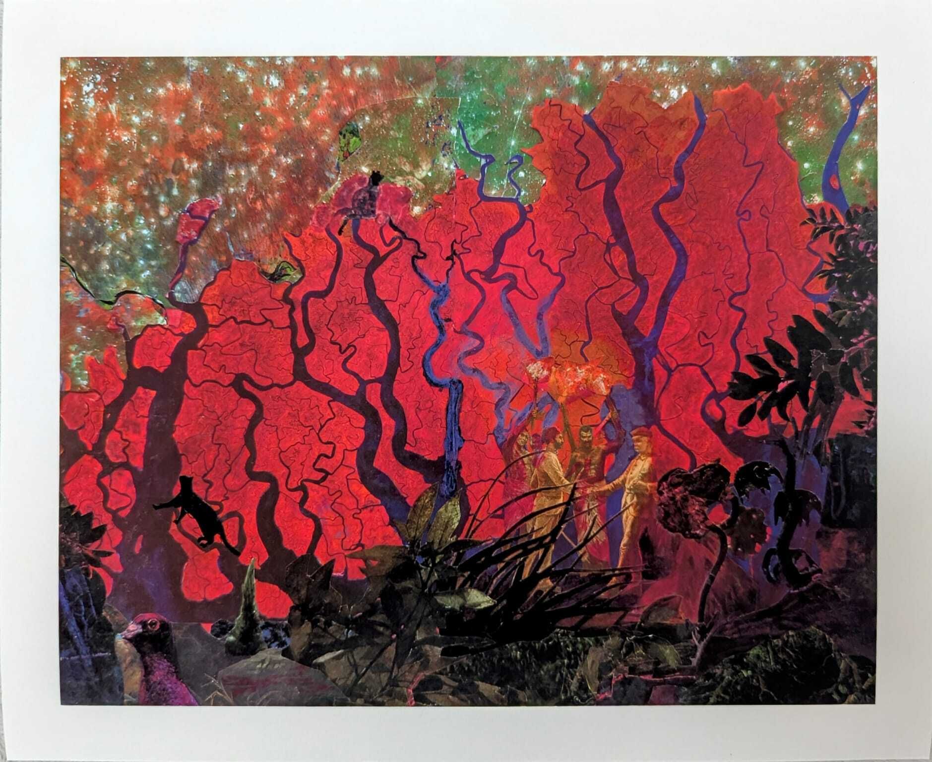 Red forest/tree roots collage with silhouetted figures and a starry sky background.