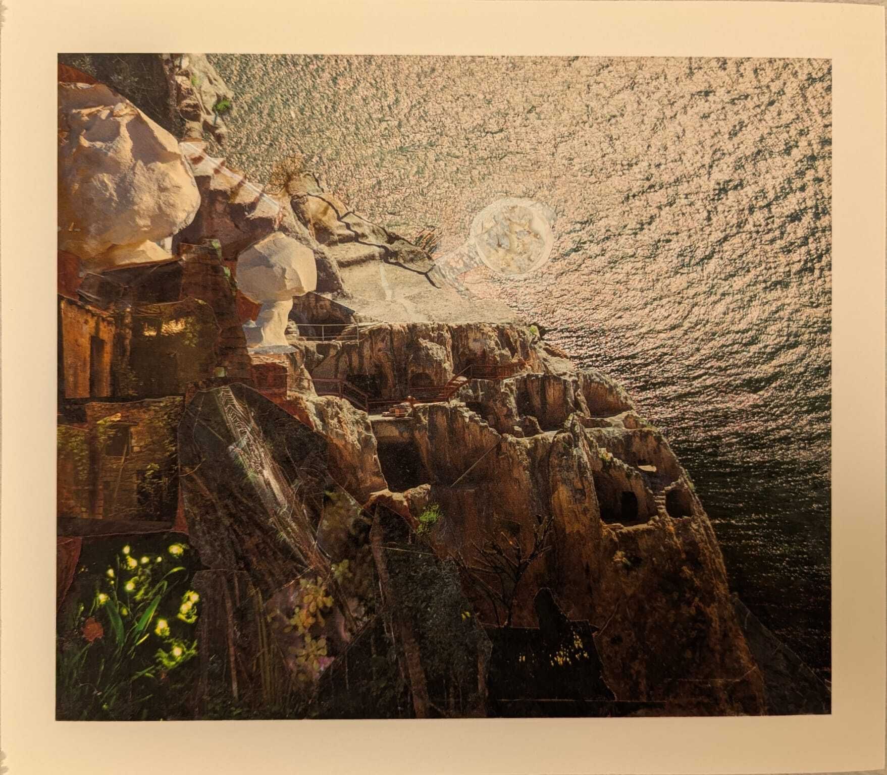 Rocky cliffside collage with cave dwellings, glowing plants, and a lightbulb-like object floating in the sky.