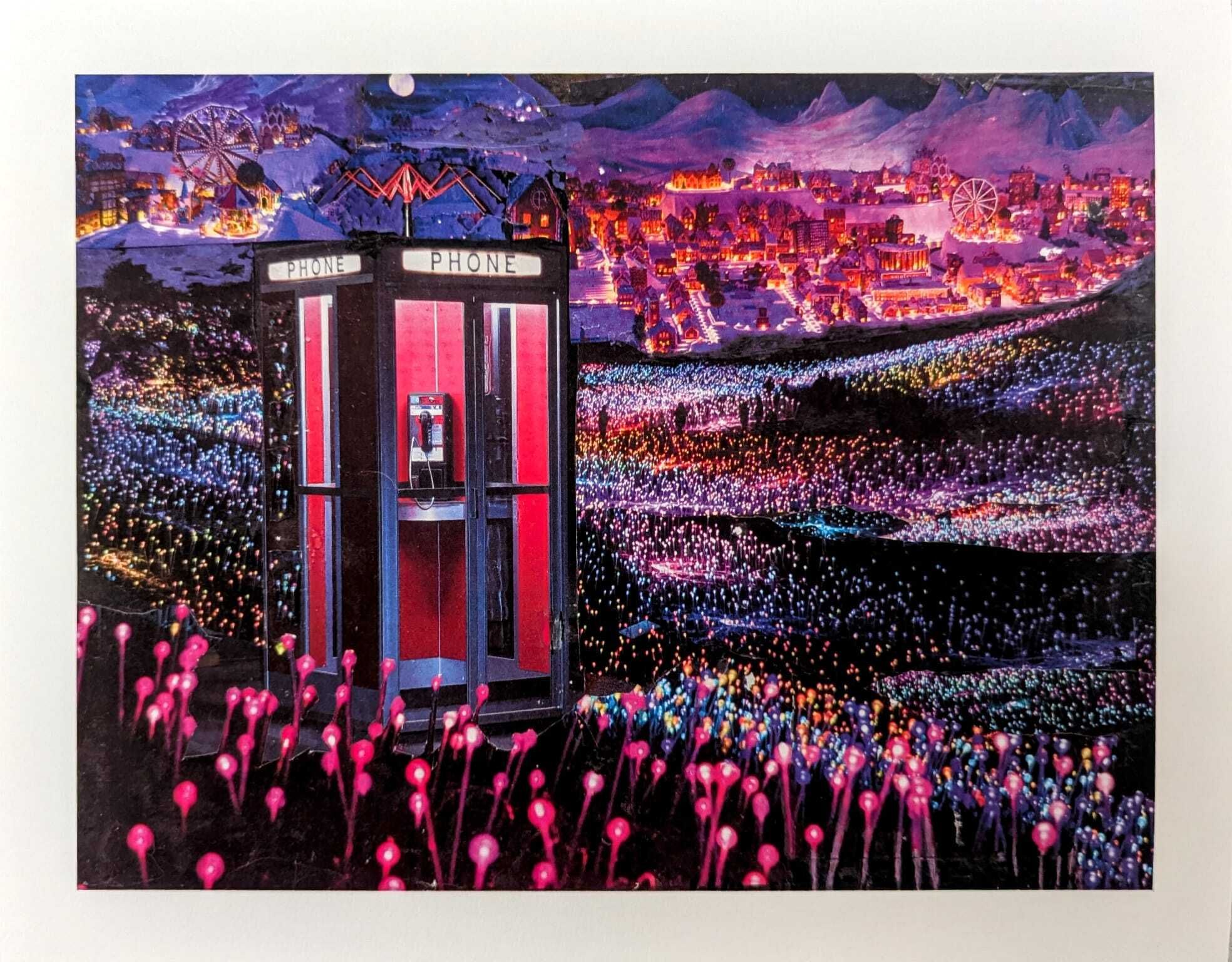 Nighttime winter village scene with colorful lights, a red phone booth in the foreground, and a field of glowing pink balloon-like lights.