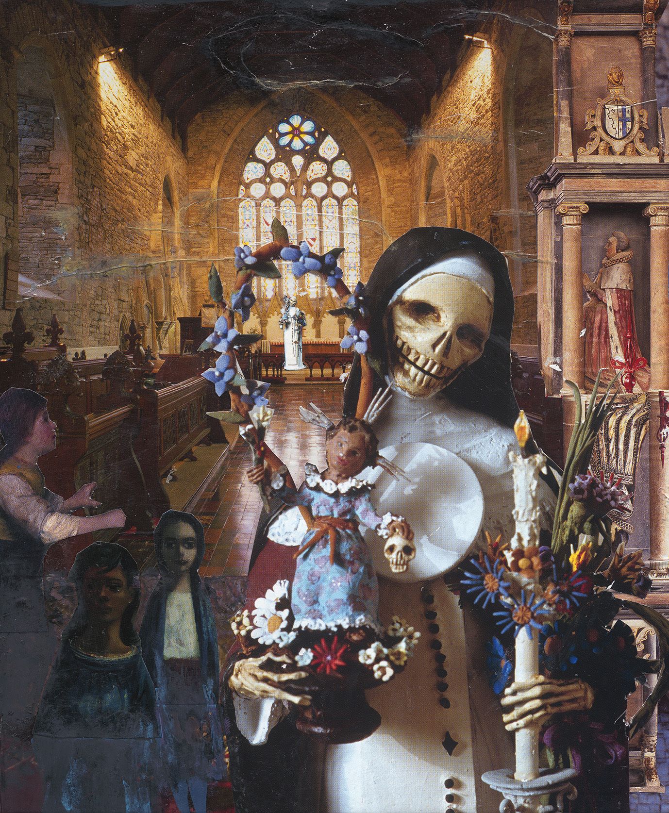 Dark collage inside a church-like interior featuring a skeleton nun holding a doll, with other figures and candles.