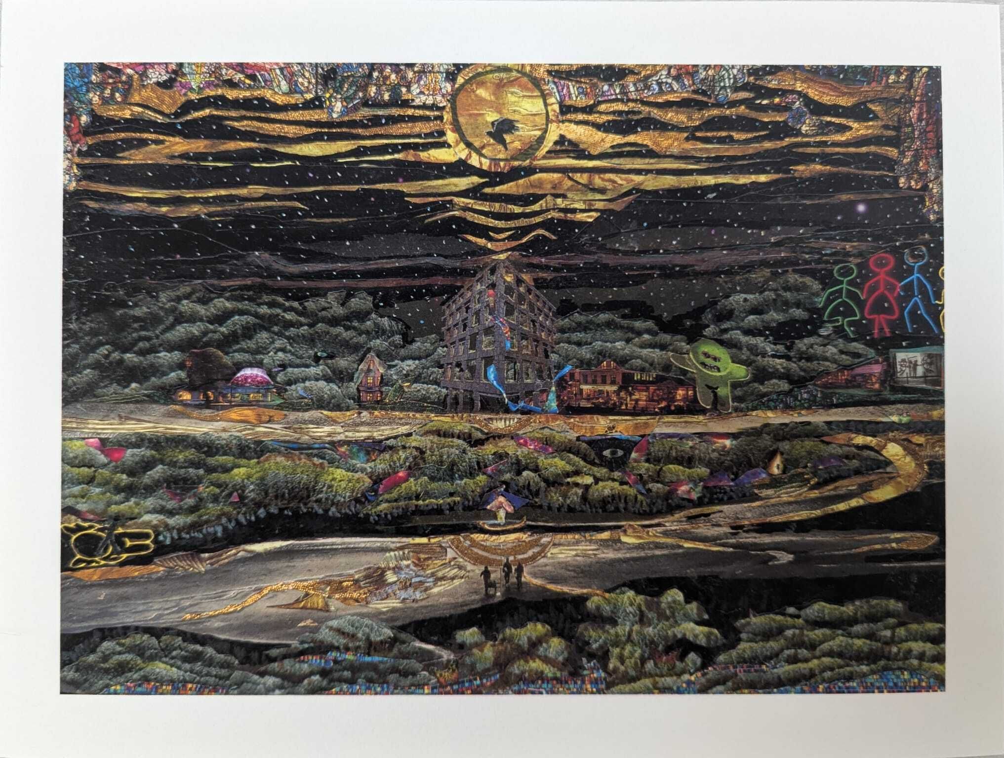 Dark, surreal landscape with a golden moon/sun, a multi-story building, green figures, and textured layers.