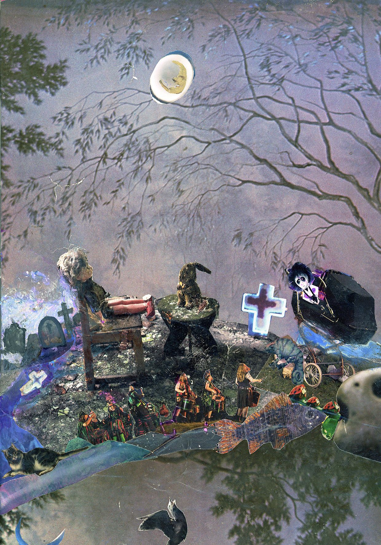 A dark, atmospheric mixed-media collage depicting a spooky pet cemetery at night with weathered gravestones, ghostly cats and dogs, glowing jack-o'-lanterns, and eerie skeletal figures set against a moody purple and green background with twisted bare trees.